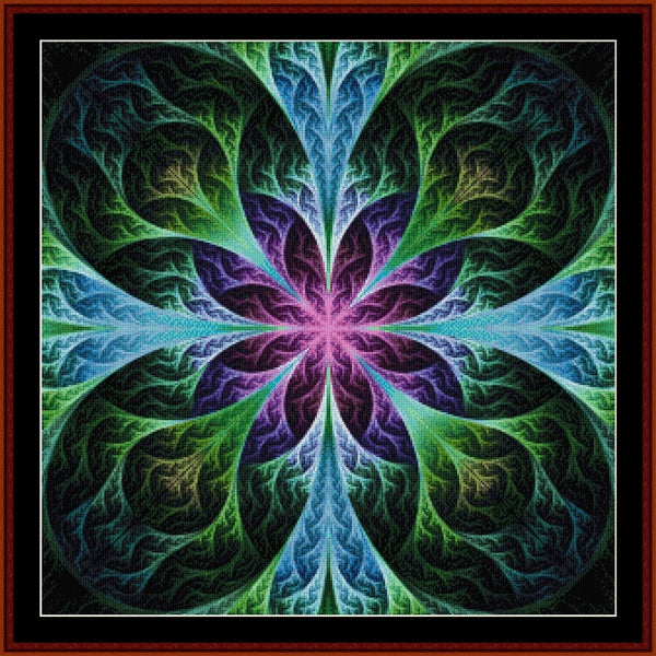 Colorful fractal Counted Cross Stitch Pattern by Cross Stitch Collectibles with a star-like pattern in green, blue, and purple.