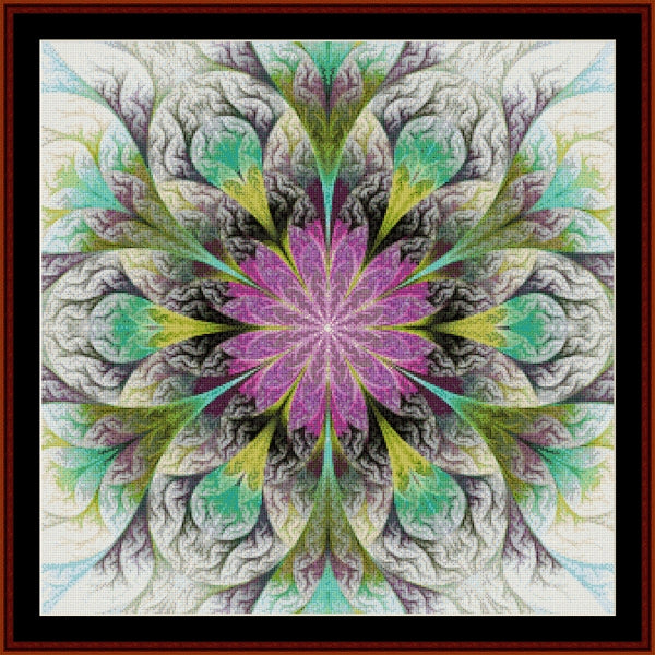 Mandala Counted Cross Stitch Pattern by Cross Stitch Collectibles with a central purple flower-like pattern surrounded by green and gray petals.