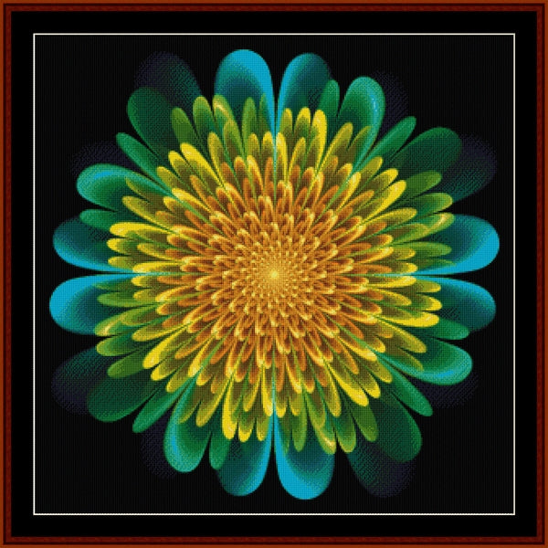 Colorful flower-like Counted Cross Stitch Pattern by Cross Stitch Collectibles with green and yellow petals on a black background