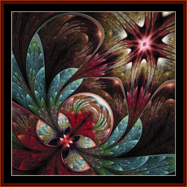 Colorful abstract fractal Counted Cross Stitch Pattern by Cross Stitch Collectibles with swirling patterns in red, green, and brown.