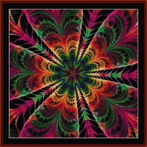 Colorful abstract Counted Cross Stitch Pattern by Cross Stitch Collectibles with a star-like design on a black background