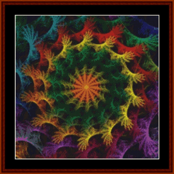 Colorful fractal Counted Cross Stitch Pattern by Cross Stitch Collectibles with a star-like center
