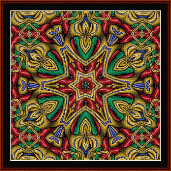 Colorful geometric Counted Cross Stitch Pattern by Cross Stitch Collectibles with a star-like center on a textured background