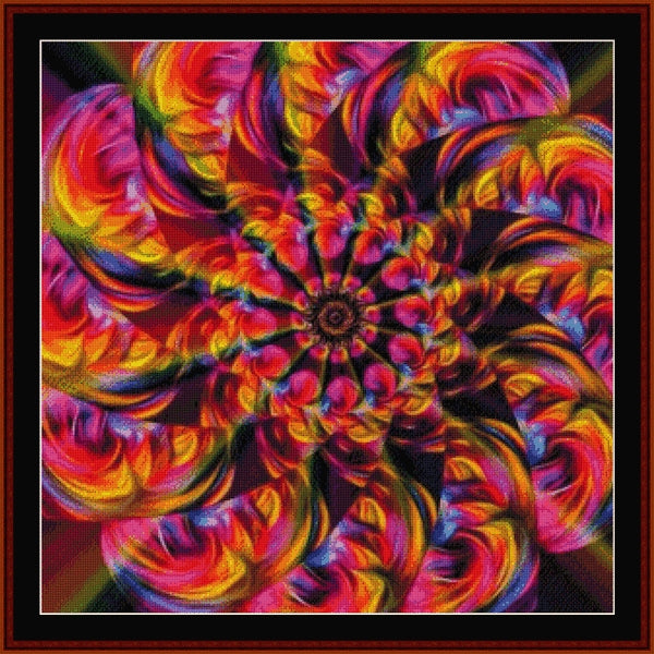 Colorful spiral Counted Cross Stitch Pattern by Cross Stitch Collectibles with vibrant colors on a black background