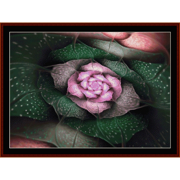 Counted Cross Stitch Pattern by Cross Stitch Collectibles of a pink succulent plant with green leaves.