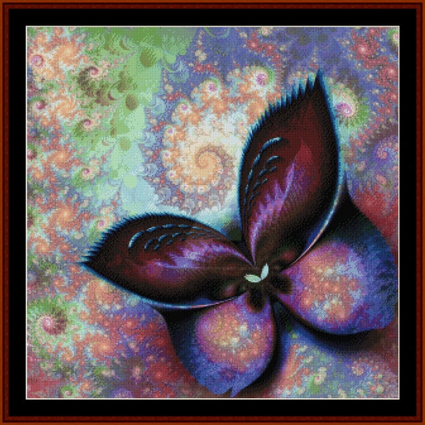 Colorful abstract flower Counted Cross Stitch Pattern by Cross Stitch Collectibles with a purple and blue center on a multicolored background
