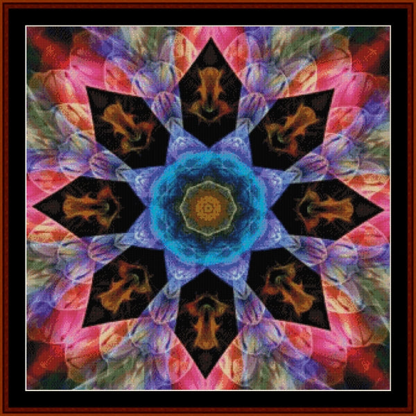 Colorful geometric Counted Cross Stitch Pattern by Cross Stitch Collectibles with a central blue circle on a black background