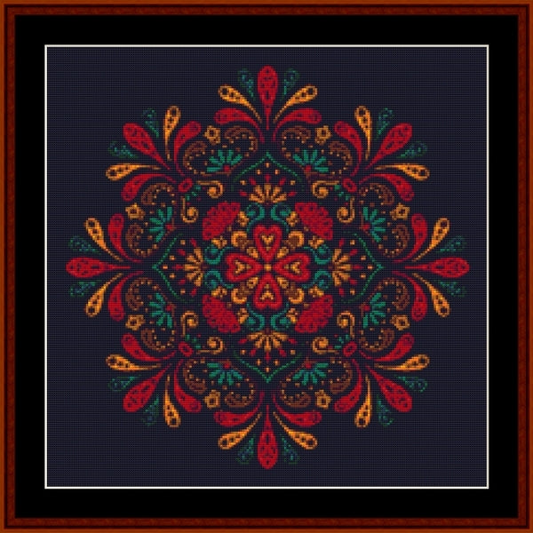 Colorful floral mandala Counted Cross Stitch Pattern by Cross Stitch Collectibles on a dark background