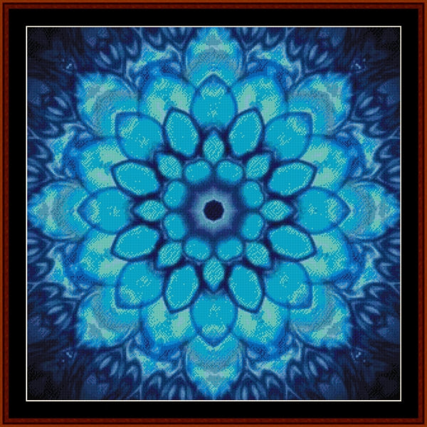 Blue mandala Counted Cross Stitch Pattern by Cross Stitch Collectibles on a dark background