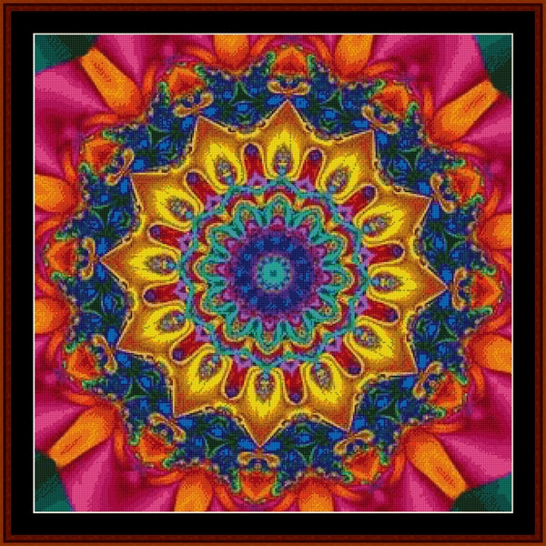 Colorful mandala Counted Cross Stitch Pattern by Cross Stitch Collectibles with vibrant colors on a pink and orange background