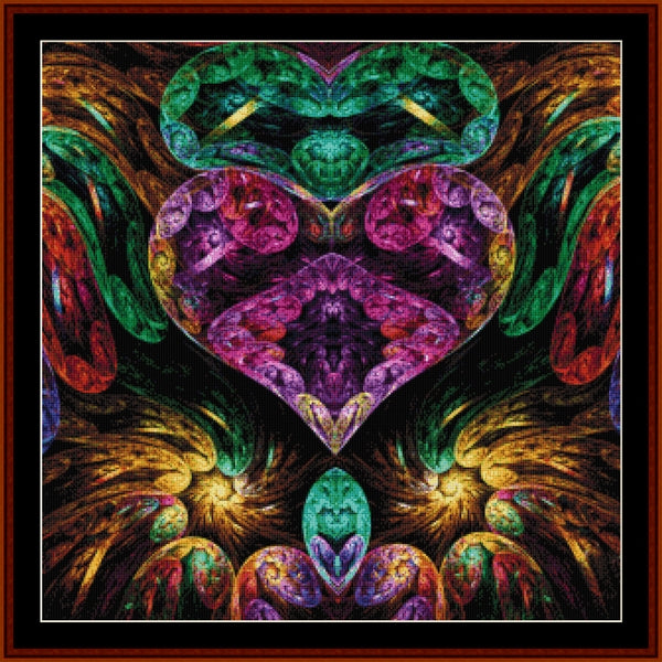 Colorful heart-shaped fractal Counted Cross Stitch Pattern by Cross Stitch Collectibles with vibrant colors on a black background