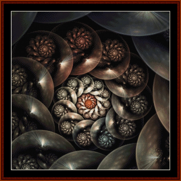 Counted Cross Stitch Pattern by Cross Stitch Collectibles of a spiral shell with a central orange dot, surrounded by other shells.