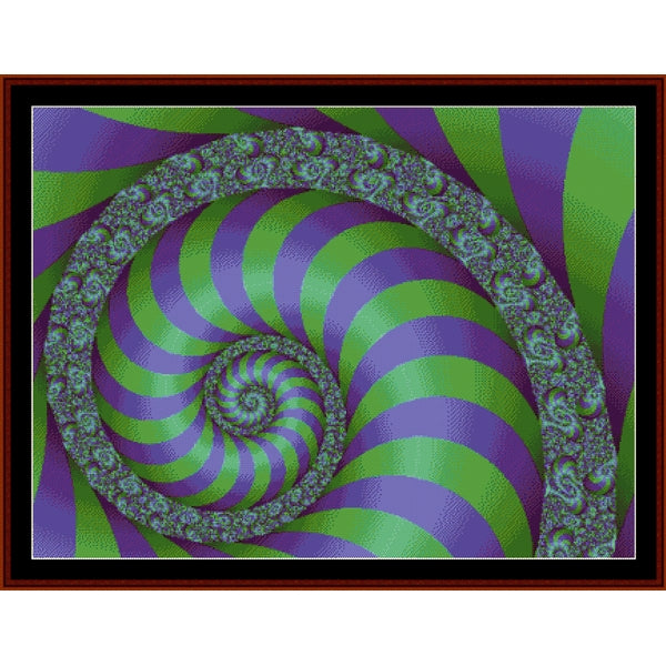 Spiral design Counted Cross Stitch Pattern by Cross Stitch Collectibles with purple and green colors on a textured background