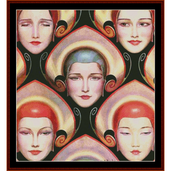 Counted Cross Stitch Pattern by Cross Stitch Collectibles of stylized female faces with decorative patterns
