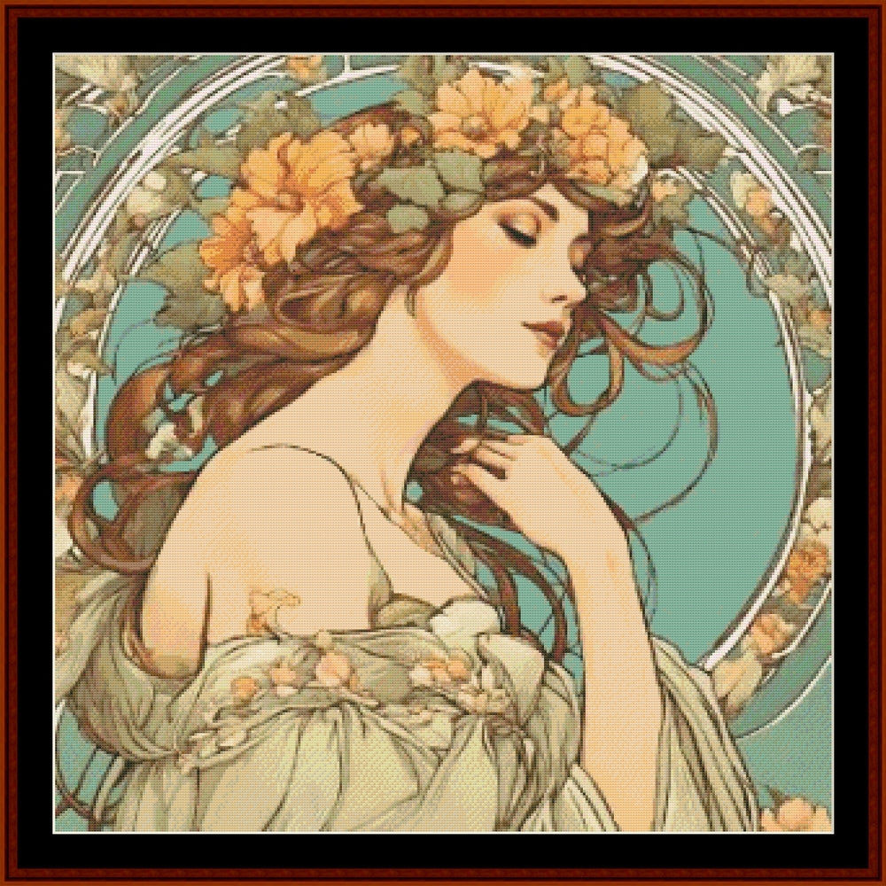 Art Nouveau-style Counted Cross Stitch Pattern by Cross Stitch Collectibles of a woman with flowers in her hair