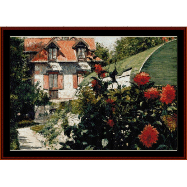 Counted Cross Stitch Pattern by Cross Stitch Collectibles scene of a house with red flowers in the foreground