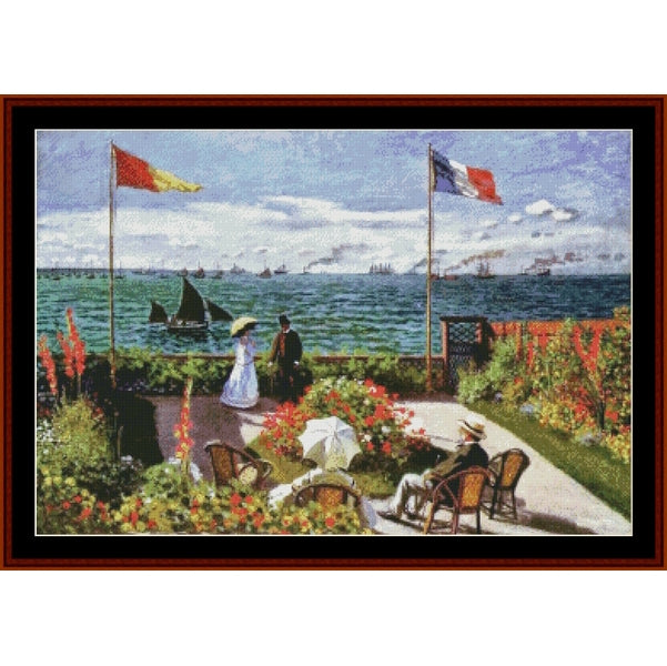 Counted Cross Stitch Pattern by Cross Stitch Collectibles of a garden scene by the sea with people and flags
