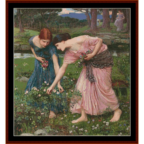 Counted Cross Stitch Pattern by Cross Stitch Collectibles - Two women in a garden scene with flowers and nature