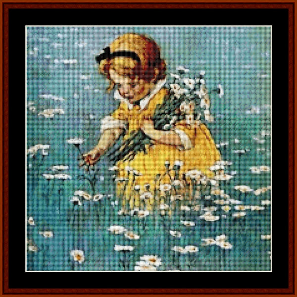 Counted Cross Stitch Pattern by Cross Stitch Collectibles of a girl in a yellow dress holding flowers in a field of white flowers.