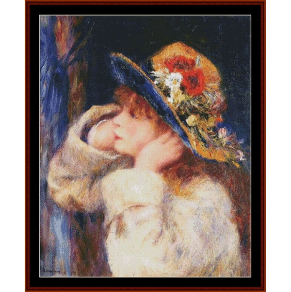 Counted Cross Stitch Pattern by Cross Stitch Collectibles of a young girl wearing a decorative hat with flowers