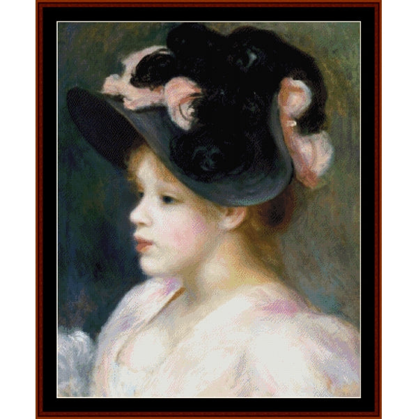 Portrait of a young girl wearing an elaborate black hat with pink flowers - Counted Cross Stitch Pattern by Cross Stitch Collectibles