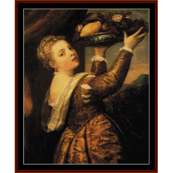 Counted Cross Stitch Pattern by Cross Stitch Collectibles of a woman holding a fruit basket against a dark background