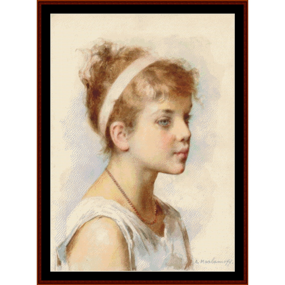 Vintage-style Counted Cross Stitch Pattern by Cross Stitch Collectibles of a young girl with a white headband and pearl necklace, framed in brown.