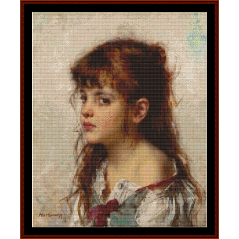 Counted Cross Stitch Pattern by Cross Stitch Collectibles of a young girl with red hair and a white blouse