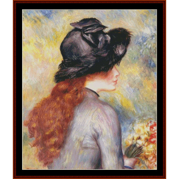 Counted Cross Stitch Pattern by Cross Stitch Collectibles of a woman with a large black hat and bouquet of flowers, framed in brown.