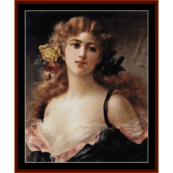 Counted Cross Stitch Pattern by Cross Stitch Collectibles of a woman with flowers in her hair, framed in brown.