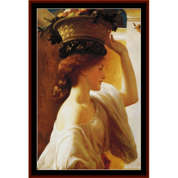Counted Cross Stitch Pattern by Cross Stitch Collectibles of a woman adjusting a decorative fruit headpiece