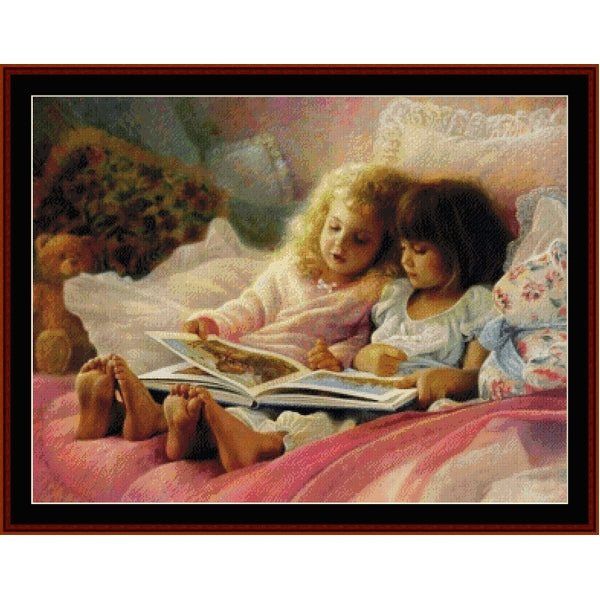 Counted Cross Stitch Pattern by Cross Stitch Collectibles - Two young girls reading a book in bed with a soft, warm color palette.