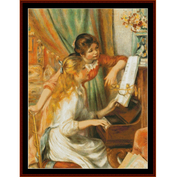 Counted Cross Stitch Pattern by Cross Stitch Collectibles of two young girls at a piano with a decorative frame.