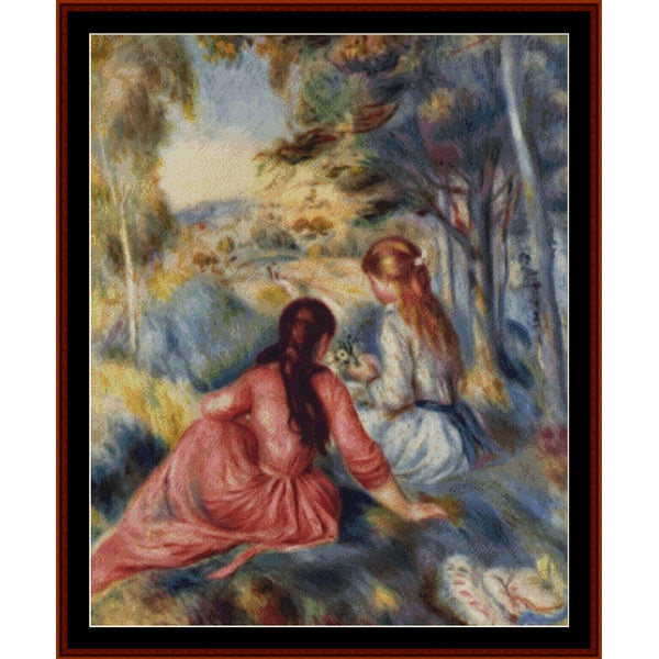 Counted Cross Stitch Pattern by Cross Stitch Collectibles - Two women sitting in a garden with flowers, inspired by Pierre-Auguste Renoir's artwork.