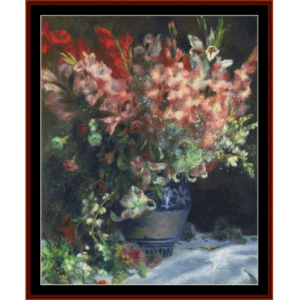 Counted Cross Stitch Pattern by Cross Stitch Collectibles of a bouquet of flowers in a blue and white vase on a dark background
