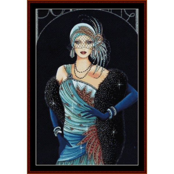 Counted Cross Stitch Pattern by Cross Stitch Collectibles of a woman in a glamorous outfit with a decorative frame.