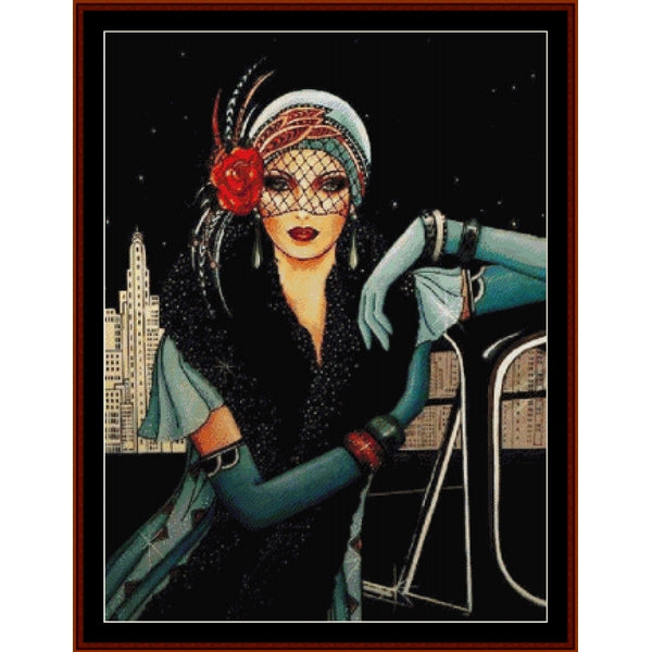 Counted Cross Stitch Pattern by Cross Stitch Collectibles of a woman in a vintage setting with a city skyline in the background.
