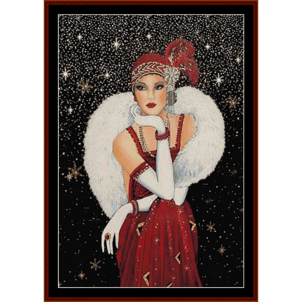 Art Deco-style Counted Cross Stitch Pattern by Cross Stitch Collectibles of a woman in a red dress with a white fur stole against a starry night sky.