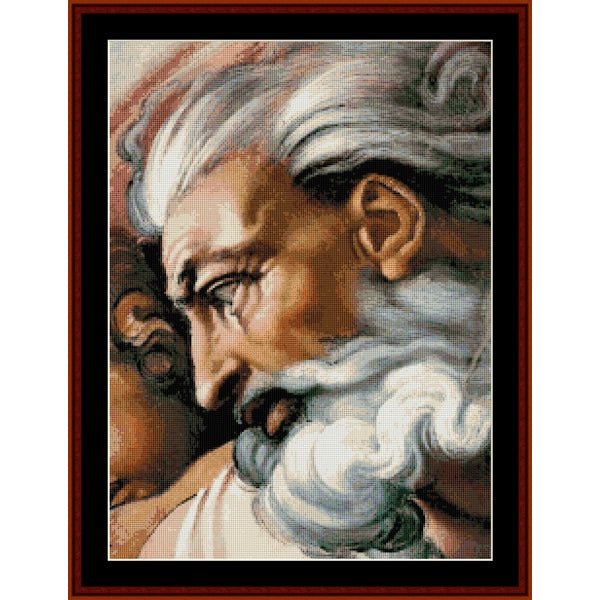 Counted Cross Stitch Pattern by Cross Stitch Collectibles of God with a beard and white hair, framed in brown.