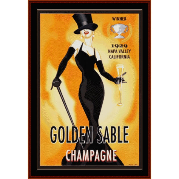 Counted Cross Stitch Pattern by Cross Stitch Collectibles - advertisement for Golden Sable Champagne featuring a woman in a black dress and top hat.