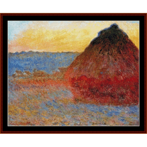 Counted Cross Stitch Pattern by Cross Stitch Collectibles of a haystack with a sunset sky by Claude Monet