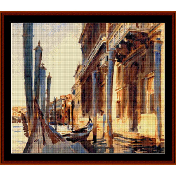 Counted Cross Stitch Pattern by Cross Stitch Collectibles of a canal scene with gondolas and buildings.