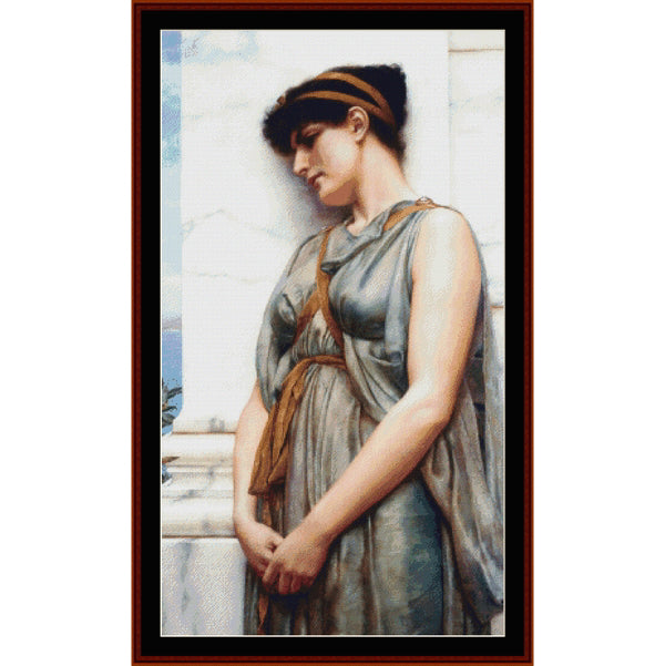 Counted Cross Stitch Pattern by Cross Stitch Collectibles of a classical woman in a draped garment against a marble wall.