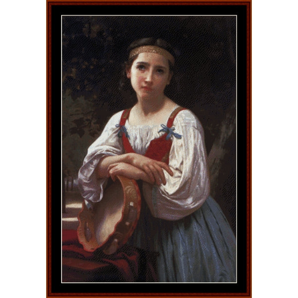 Counted Cross Stitch Pattern by Cross Stitch Collectibles of a young girl holding a tambourine with a dark background
