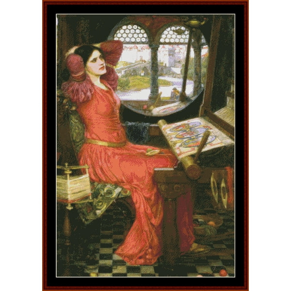 Counted Cross Stitch Pattern by Cross Stitch Collectibles - Woman in a red dress sitting at a desk with a scenic window view