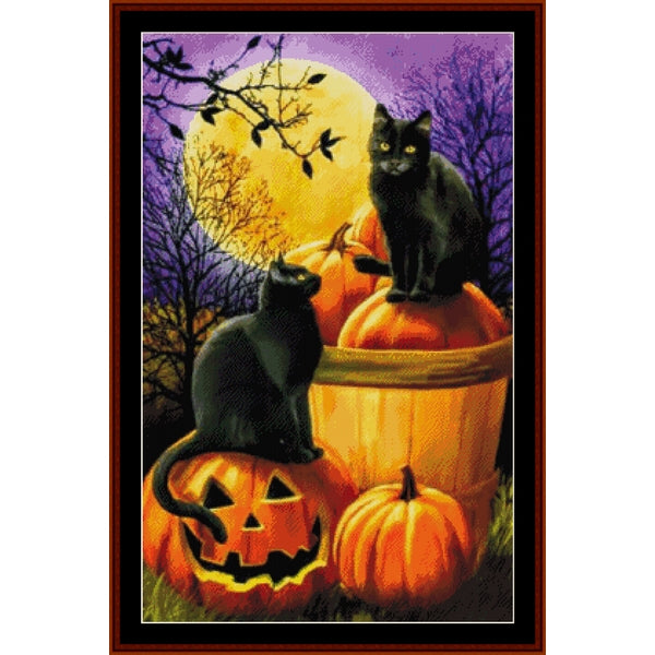 Counted Cross Stitch Pattern by Cross Stitch Collectibles - Two cats on pumpkins with a full moon in the background