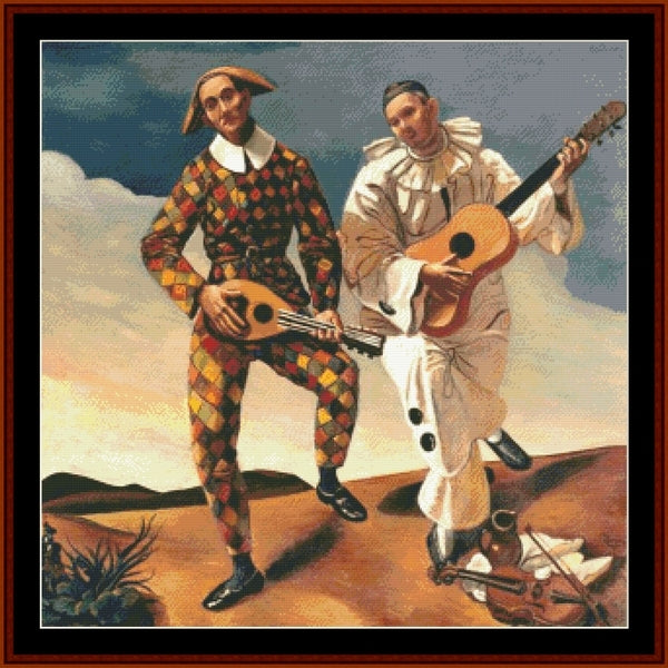 Two performers in colorful costumes playing instruments against a sky background - Counted Cross Stitch Pattern by Cross Stitch Collectibles