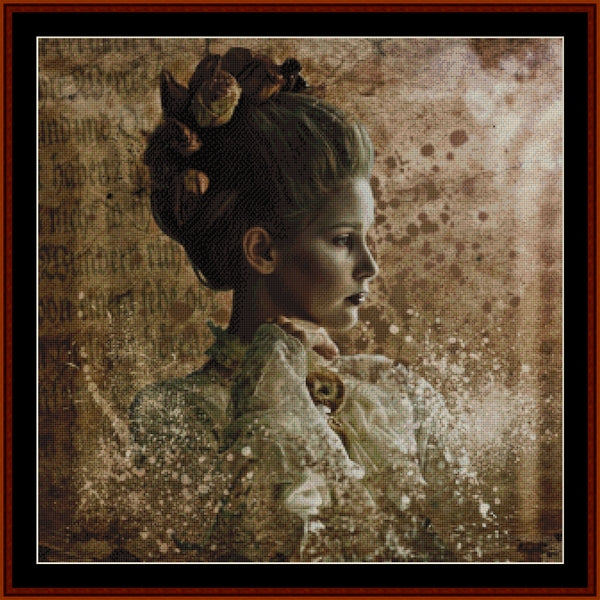 Counted Cross Stitch Pattern by Cross Stitch Collectibles of a woman with flowers in her hair against a textured brown background