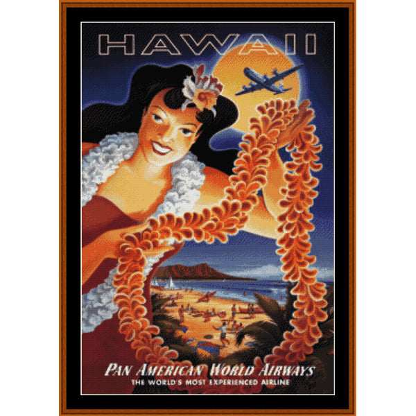 Counted Cross Stitch Pattern by Cross Stitch Collectibles - Vintage-style travel poster for Hawaii featuring a woman with a lei and an airplane.