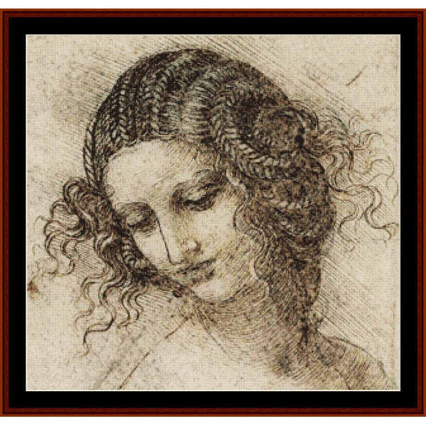 Counted Cross Stitch Pattern by Cross Stitch Collectibles of a woman's head with braided hair on a textured background